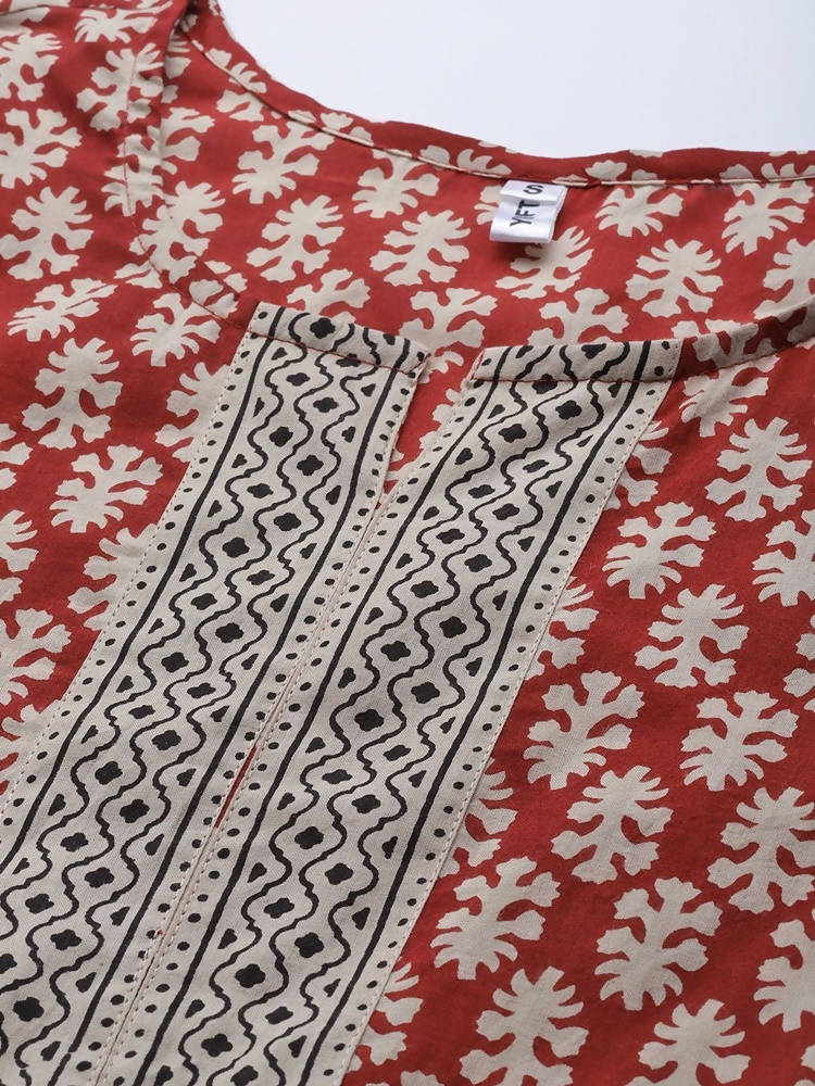 Yufta Women Rust Red and Beige Print Pure Cotton Kurta with Trouser and Dupatta