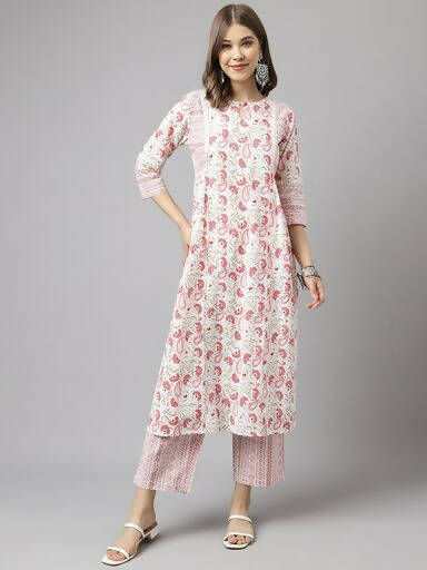FIORRA Women's White Cotton A-line Kurta with Palazzo - Distacart