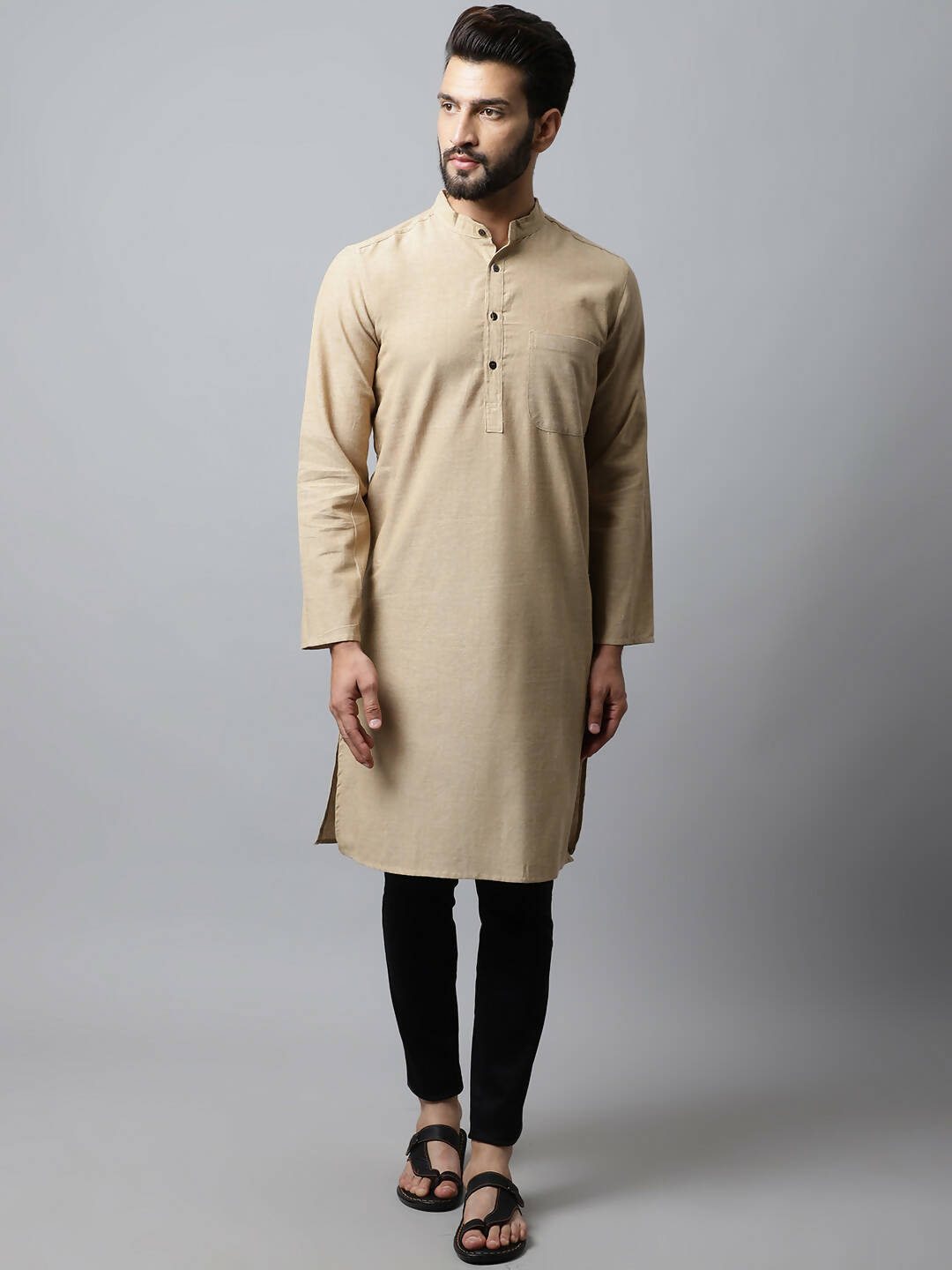 Even Apparels Beige Color Pure Cotton Men's Kurta With Band Collar (SLD1196) - Distacart