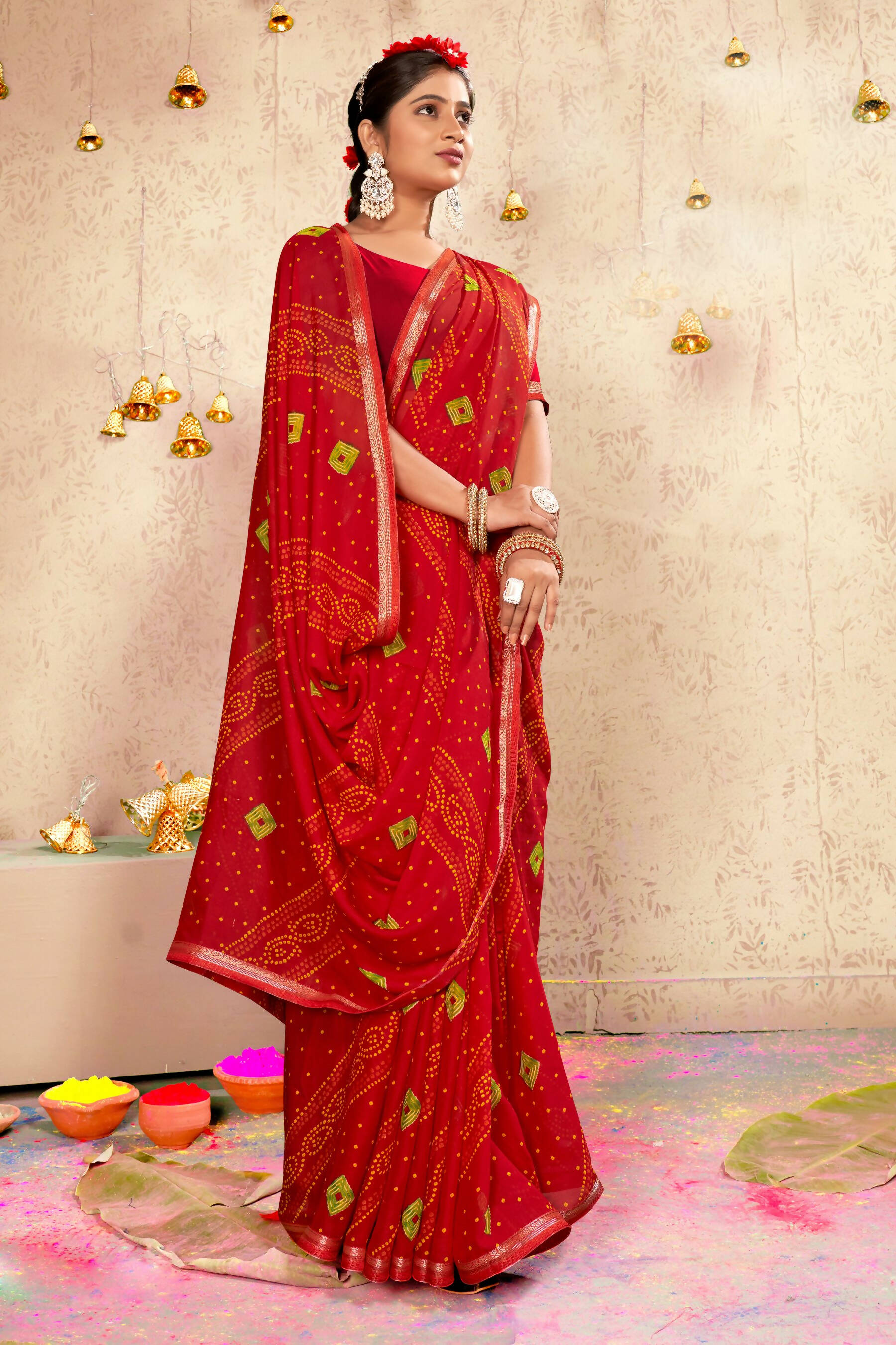 Red Georgette Bandhni Printed Saree With Unstitched Blouse Piece - Shanaya - Distacart