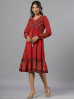 Thumbnail for Juniper Women Rust Georgette Printed Midi Dress - Distacart