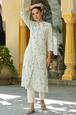 Thumbnail for Juniper Women's Sky Blue Rayon Staple Printed A-Line Kurta - Distacart