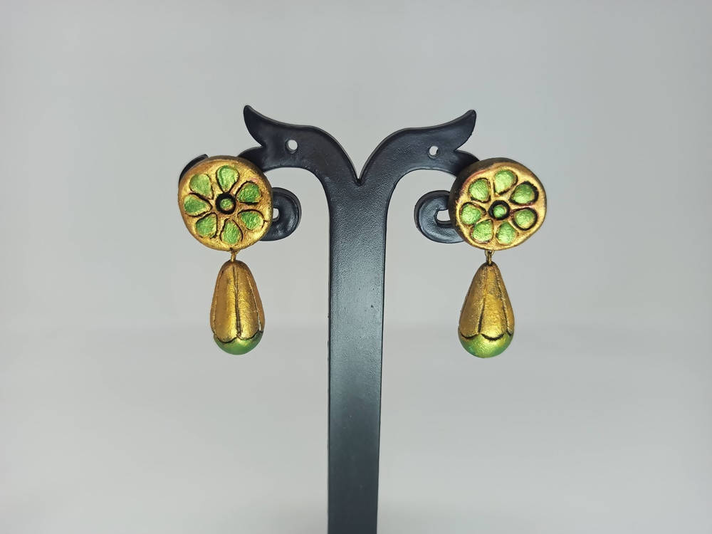Terracotta Round Earstuds With Drops-Copper And Green
