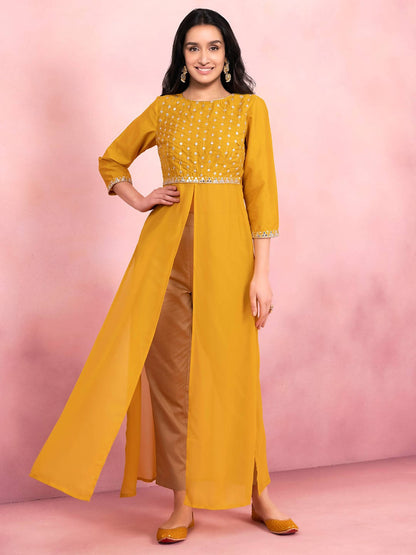 Indya Mustard Yellow Yoke Design Gotta Patti High Slit Kurta - Distacart