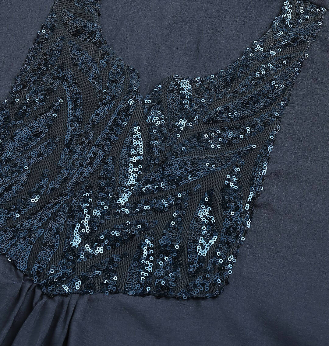 Teal Poly Cotton Yoke Sequence Embroidered A-line Top - Bosky - Distacart