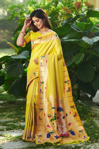 Vishnu Weaves Women's Yellow Paithani Silk Minakari Zari Woven Saree with Unstitched Blouse - Distacart