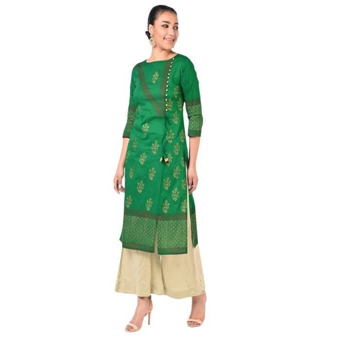 Aniyah Cotton Gold Print Straight Kurta In Green Color (AN-169K)
