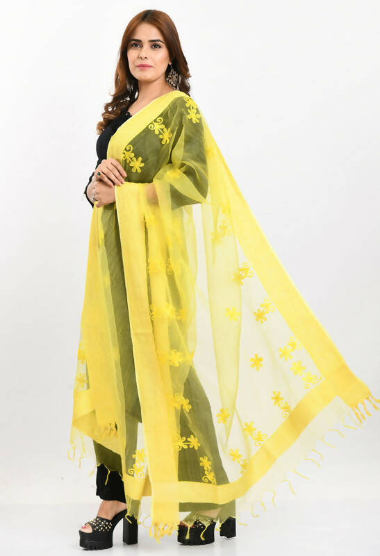 Mominos Fashion Moeza Women's Orgenza All Over Chikan Work Lemon Yellow Dupatta - Distacart