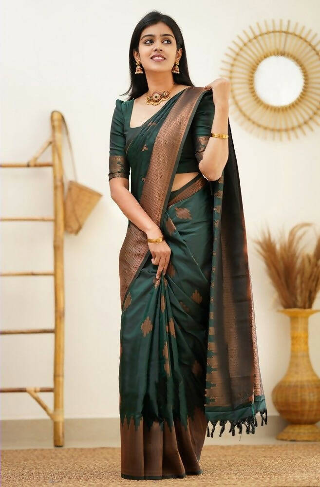 DEIANA'S Beautiful Golden Jari with New Design Soft Lichi Silk Saree - Green - Distacart