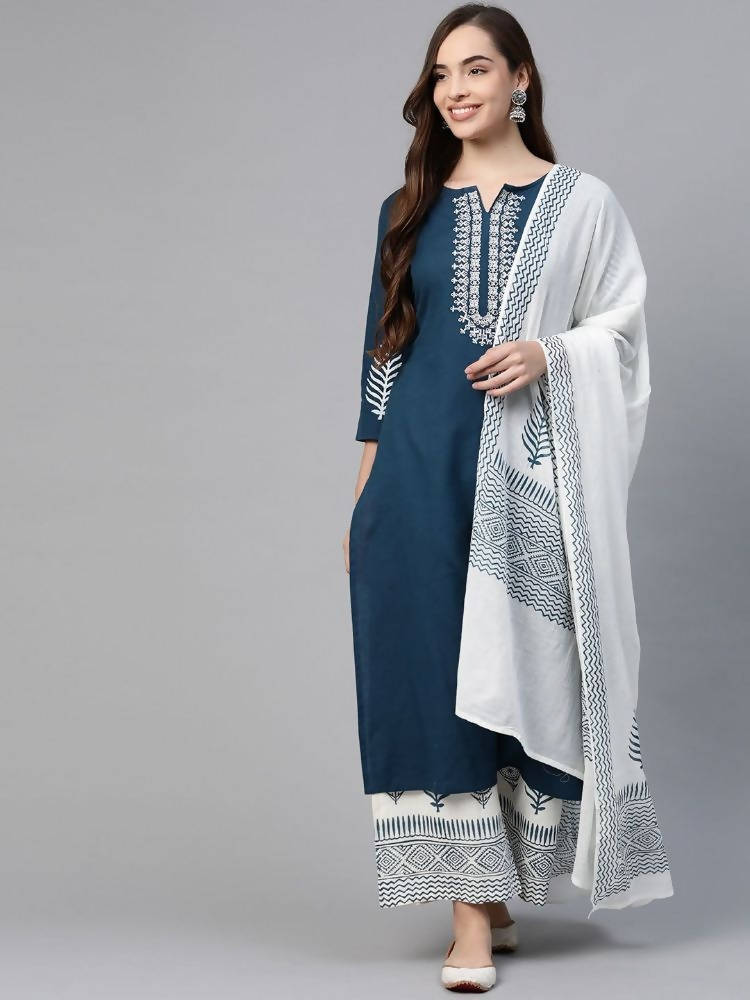 YuftaWomen Navy Blue & White Yoke Design Thread Work Cotton Kurta with Palazzo & Dupatta
