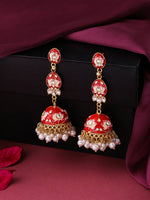 Thumbnail for NVR Women Gold Plated Red Kundan Jhumkas Earrings - Distacart