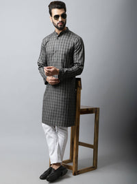 Thumbnail for Even Apparels Brown Color Cotton Checked Men's Kurta With Band Collar (CHK1157) - Distacart