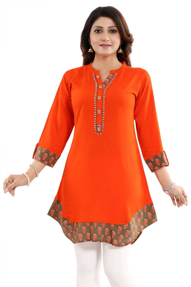 Snehal Creations Rayon Designer Embroidery Orange Tunic