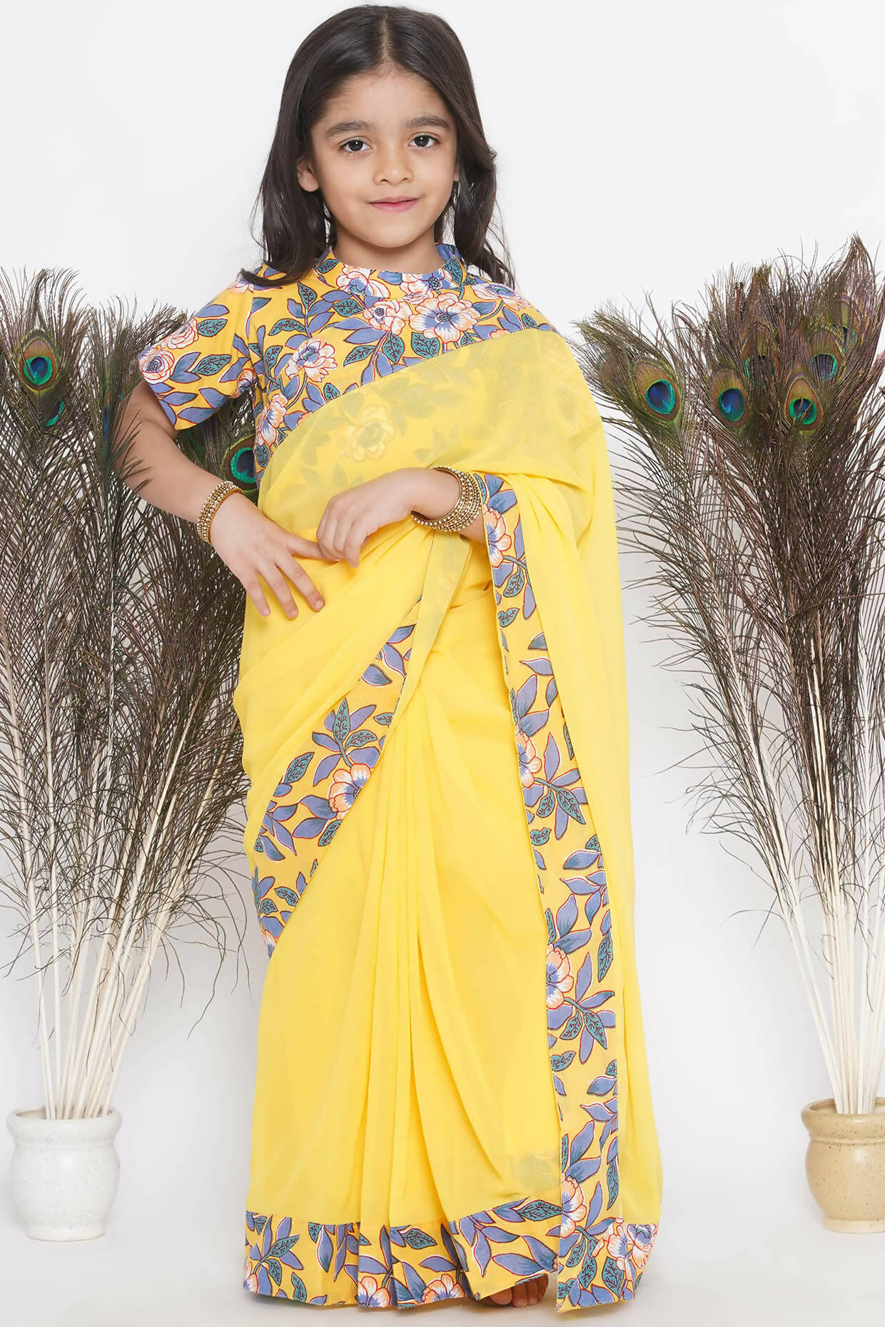 Little Bansi Floral Print Ready To Wear Saree And Floral Blouse - Yellow - Distacart
