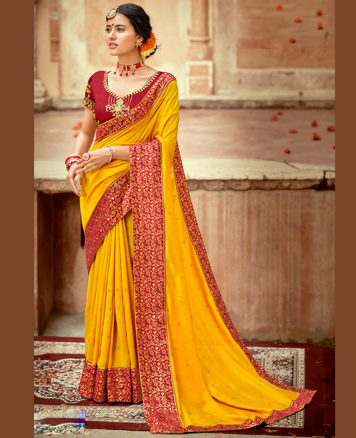 Mustard Vichitra Stone Work Saree With Unstitched Blouse Piece - Rosy - Distacart