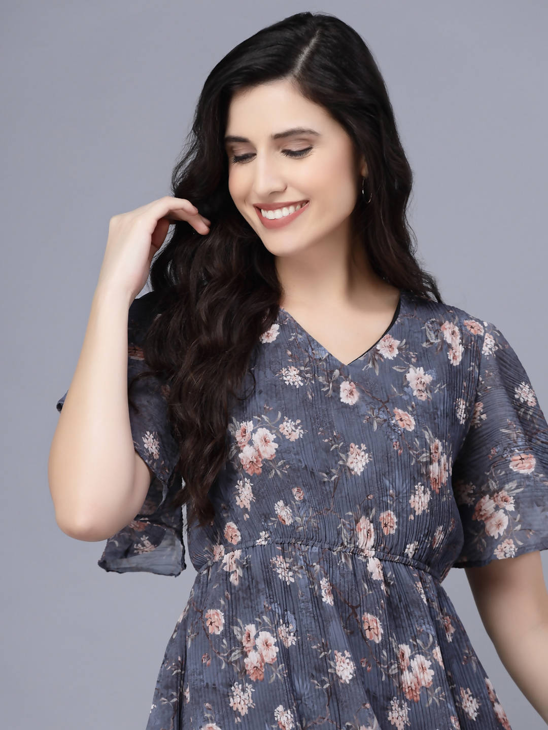 Myshka Women Grey Floral Midi Dress - Distacart