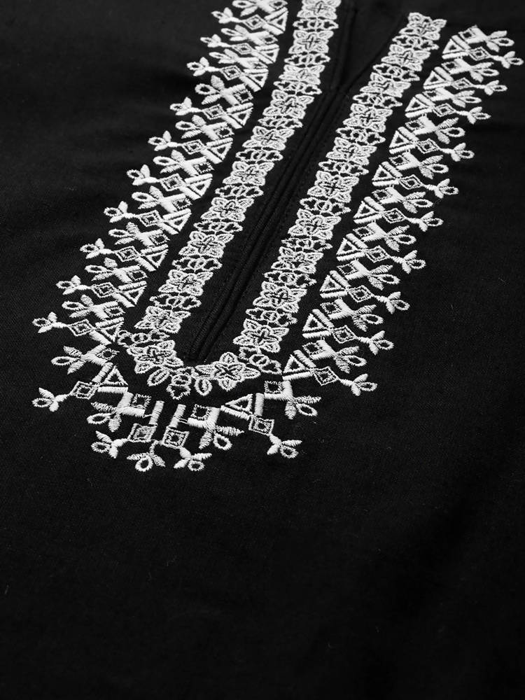 Yufta Women Black & White Yoke Design Thread Work Cotton Kurta with Palazzo & Dupatta