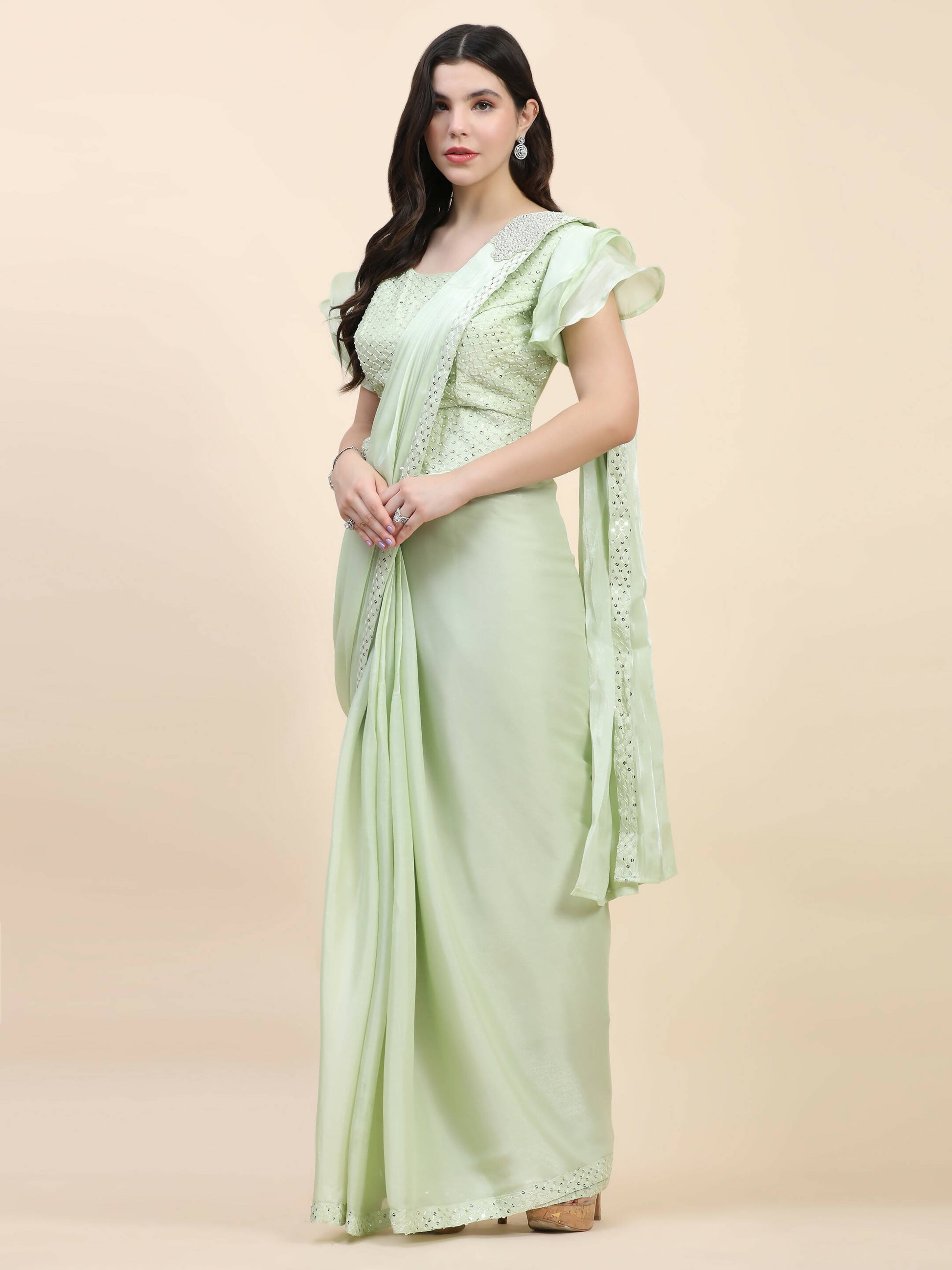 Light Green Silk Satin Sequence Work Ready to Wear Saree with stitched Blouse - Nirvana - Distacart