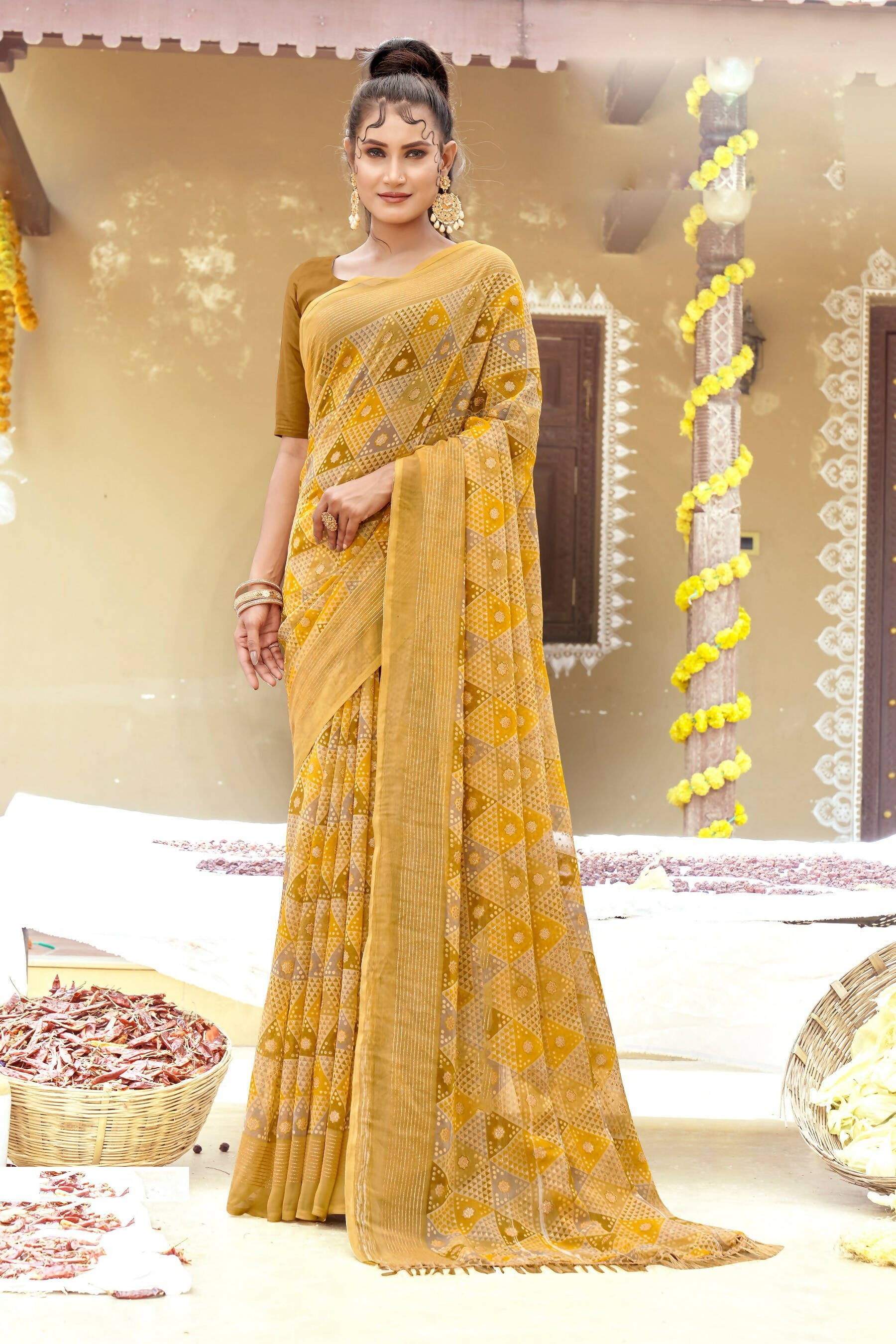 Beige Chiffon Printed Ivory Print and Zari work Saree with Unstitched Blouse Piece - Shanaya - Distacart