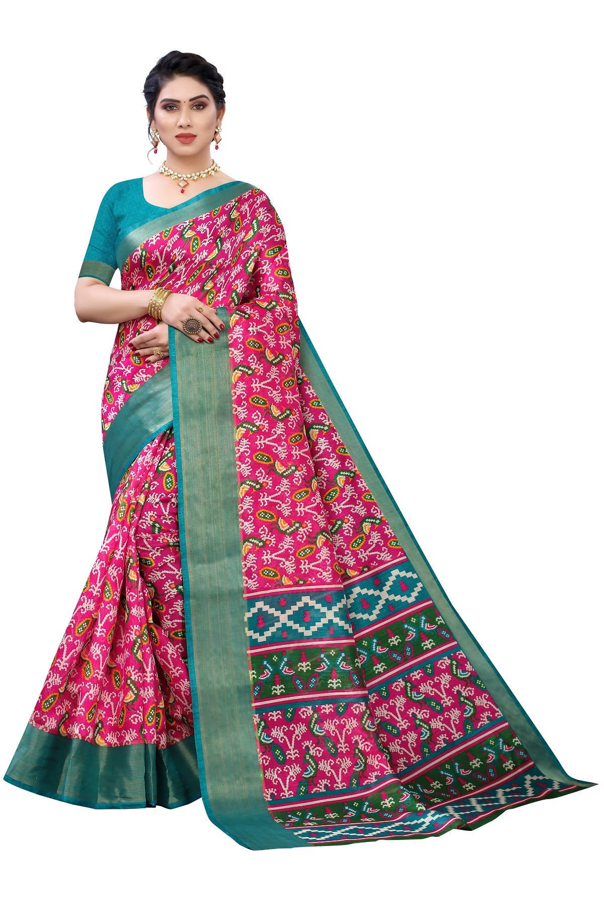 Vamika Pink & Green Linen Jari Border Saree (JANKI PINK) - Distacart