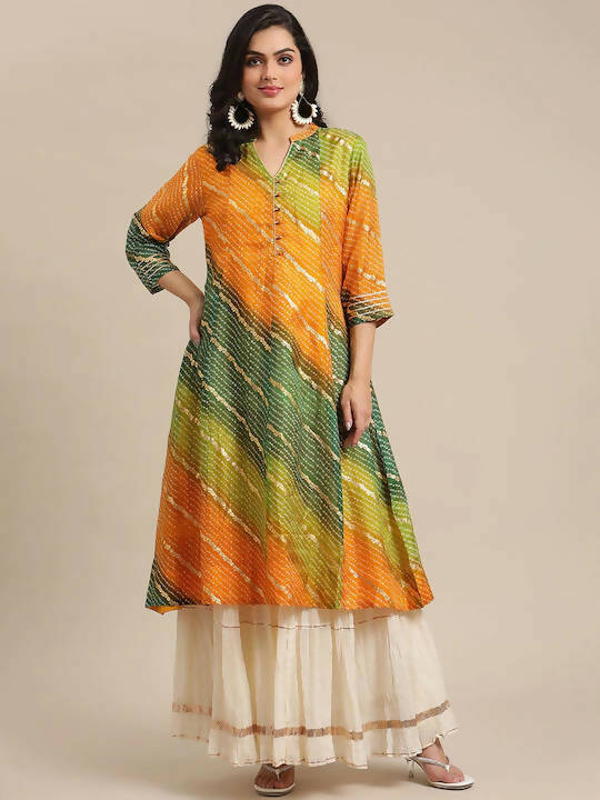Varanga Mustard Yellow & Green Bandhani Dyed Anarkali Kurta - Distacart