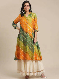 Thumbnail for Varanga Mustard Yellow & Green Bandhani Dyed Anarkali Kurta - Distacart