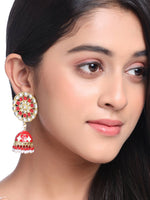 Thumbnail for NVR Women Gold Plated Red Dome Shaped Meenkari Jhumkas Earrings - Distacart