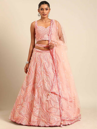 House of Panchhi Coral Pink Net Sequins and Zarkan embroidery Lehenga choli & Dupatta - Distacart