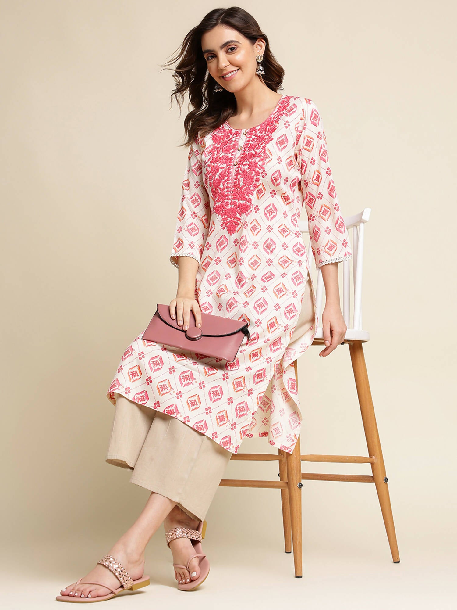 Pink Poly Rayon Aztec Printed Straight Fit Kurta - Prasuti - Distacart
