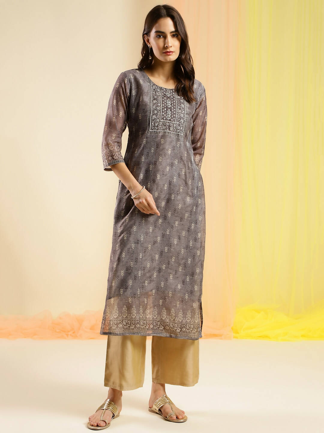 Grey Chinon Digital Printed With Hand Work Kurta - Himanshi - Distacart