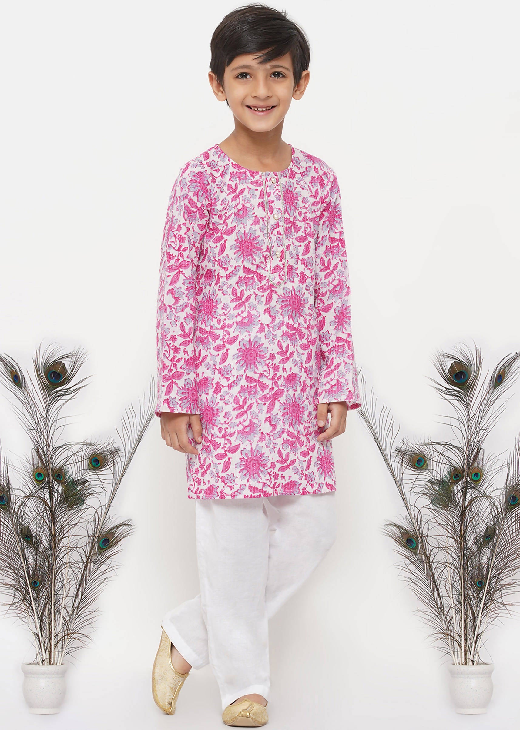 Little Bansi Cotton Floral Kurta with Pearl Buttons & Pyjama in Pink & Cream - Distacart