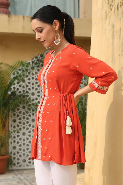 Juniper Women's Orange Rayon Crepe Embroidered Tunic - Distacart