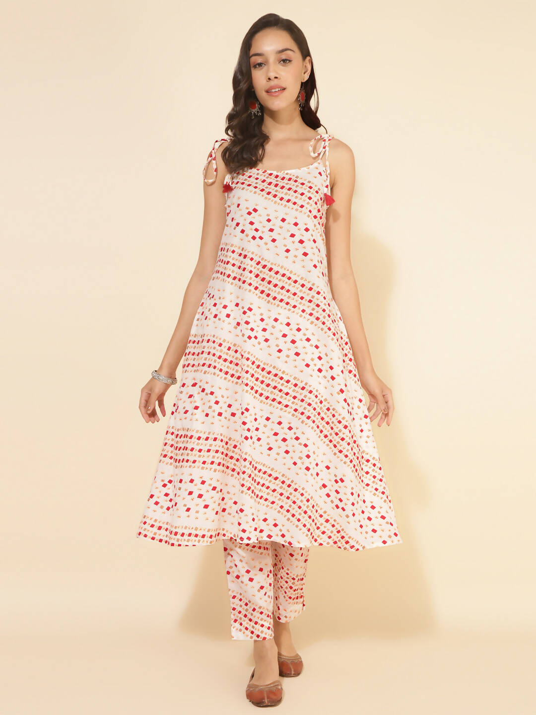 Janasya Women's White Cotton Geometric Printed Casual A-line Co-ords - Distacart