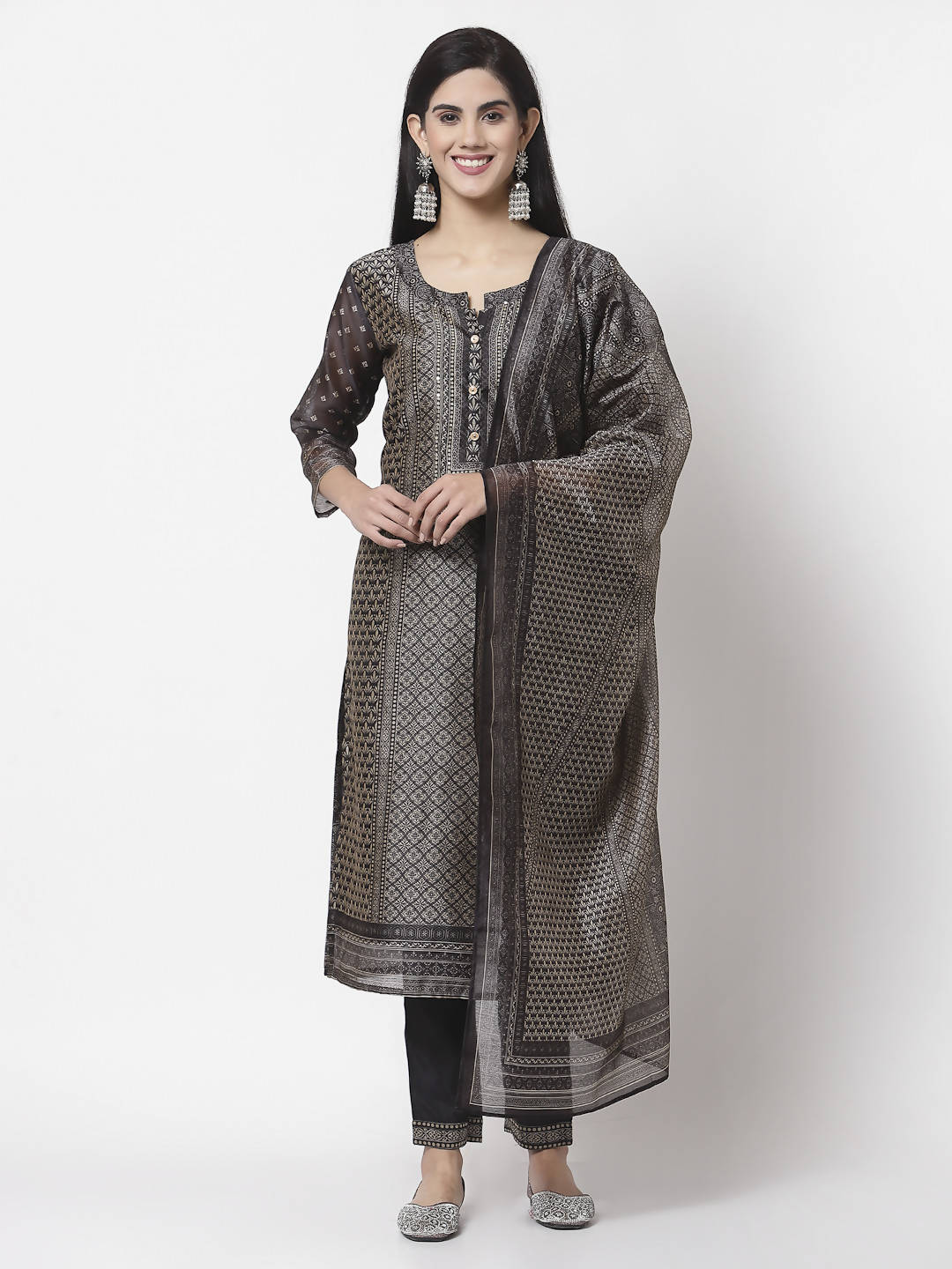 Myshka Black Chanderi Silk Embroidered 3/4 Sleeve Round Neck Kurta Pant Dupatta Set