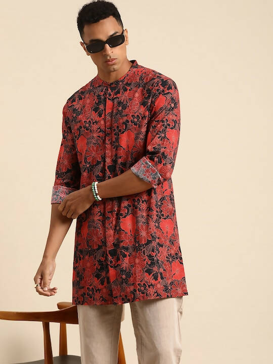 Red & Black Men pure Cotton Floral Printed Straight Kurta - Mahotsav - Distacart