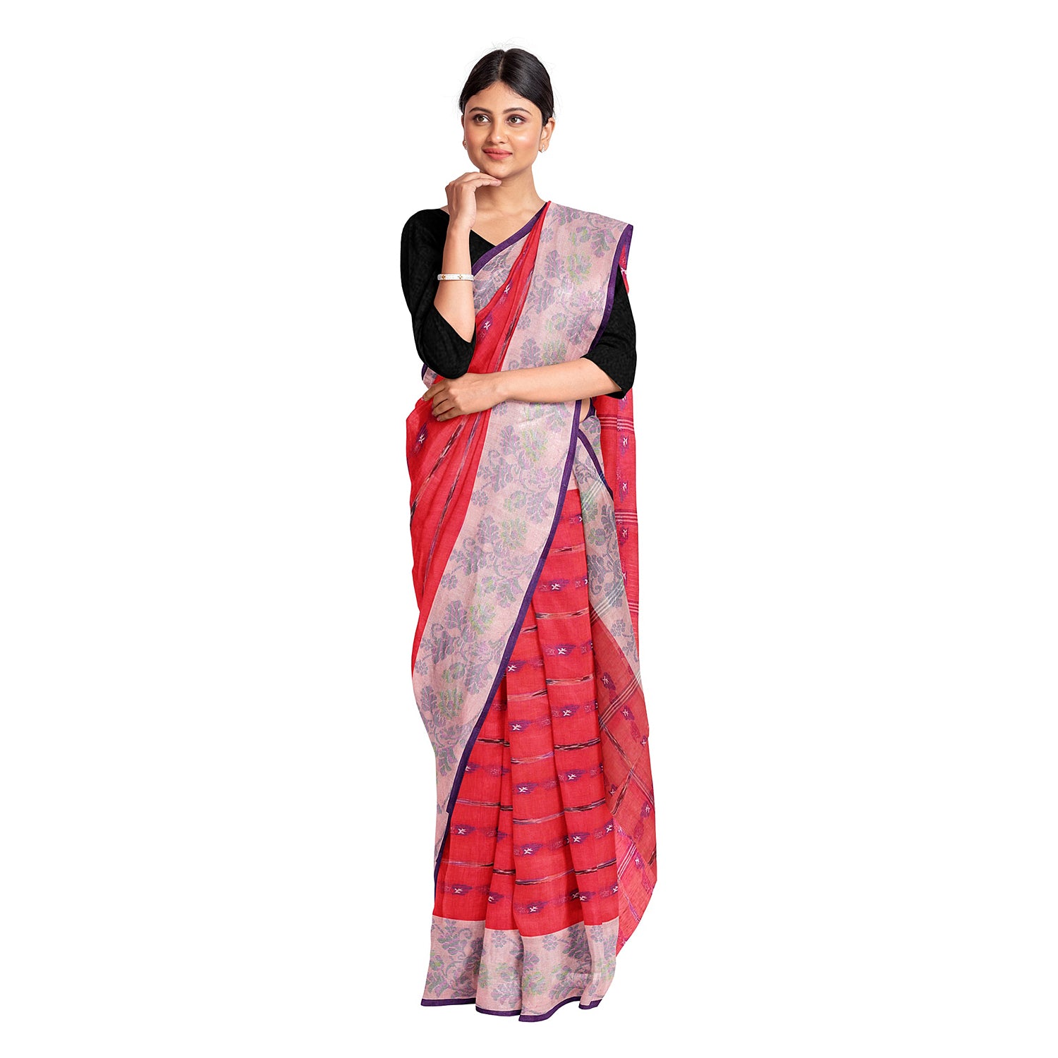 Exclusive Collection 100% Pure Cotton Red Tant Saree With Hand Weaving Work - Distacart