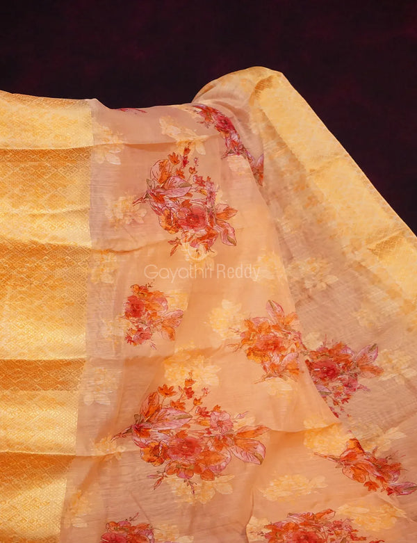 Baby Pink Colour With Golden Blouse Floral Print Semi Chanderi Saree By Gayathri Reddy Designer Studio - Distacart