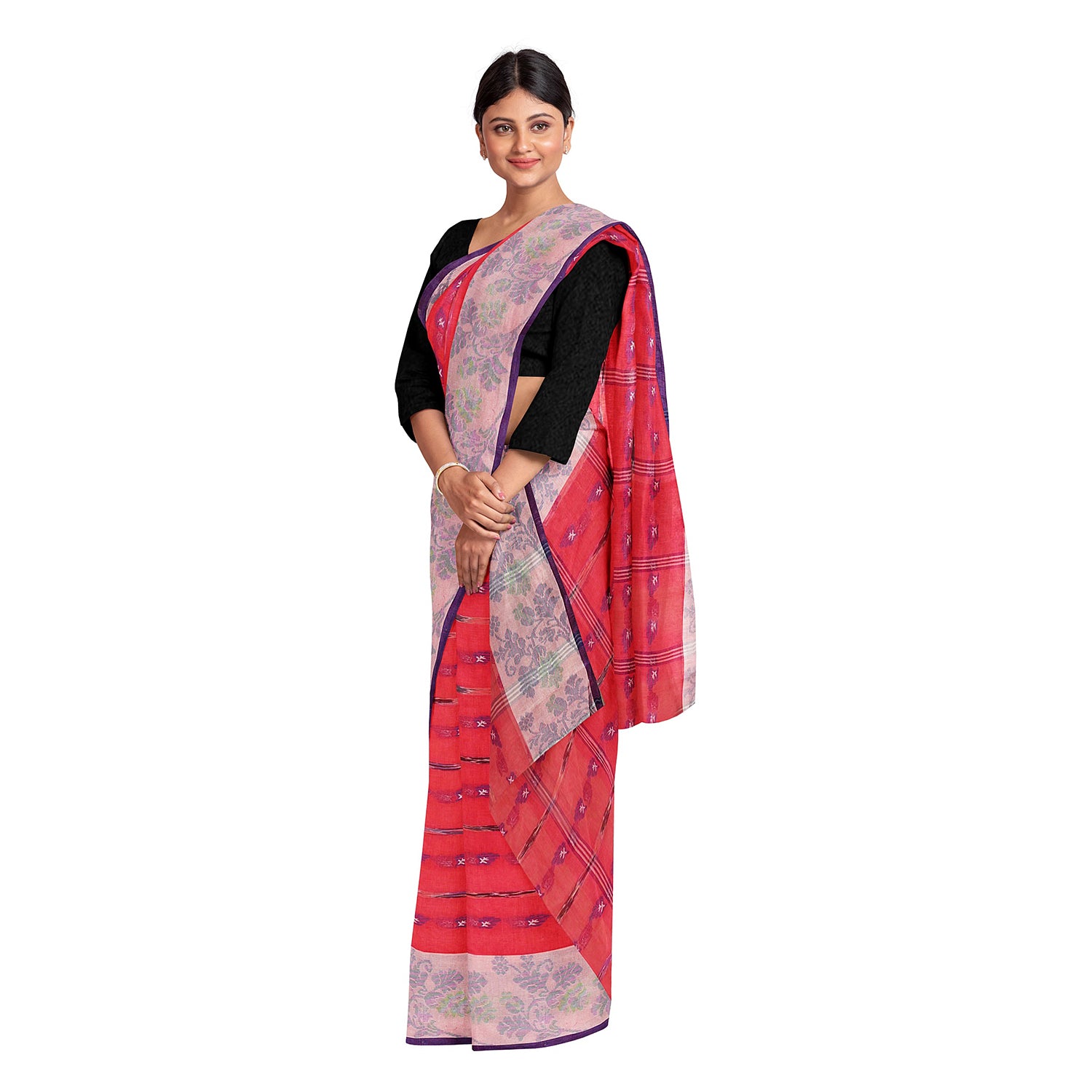 Exclusive Collection 100% Pure Cotton Red Tant Saree With Hand Weaving Work - Distacart
