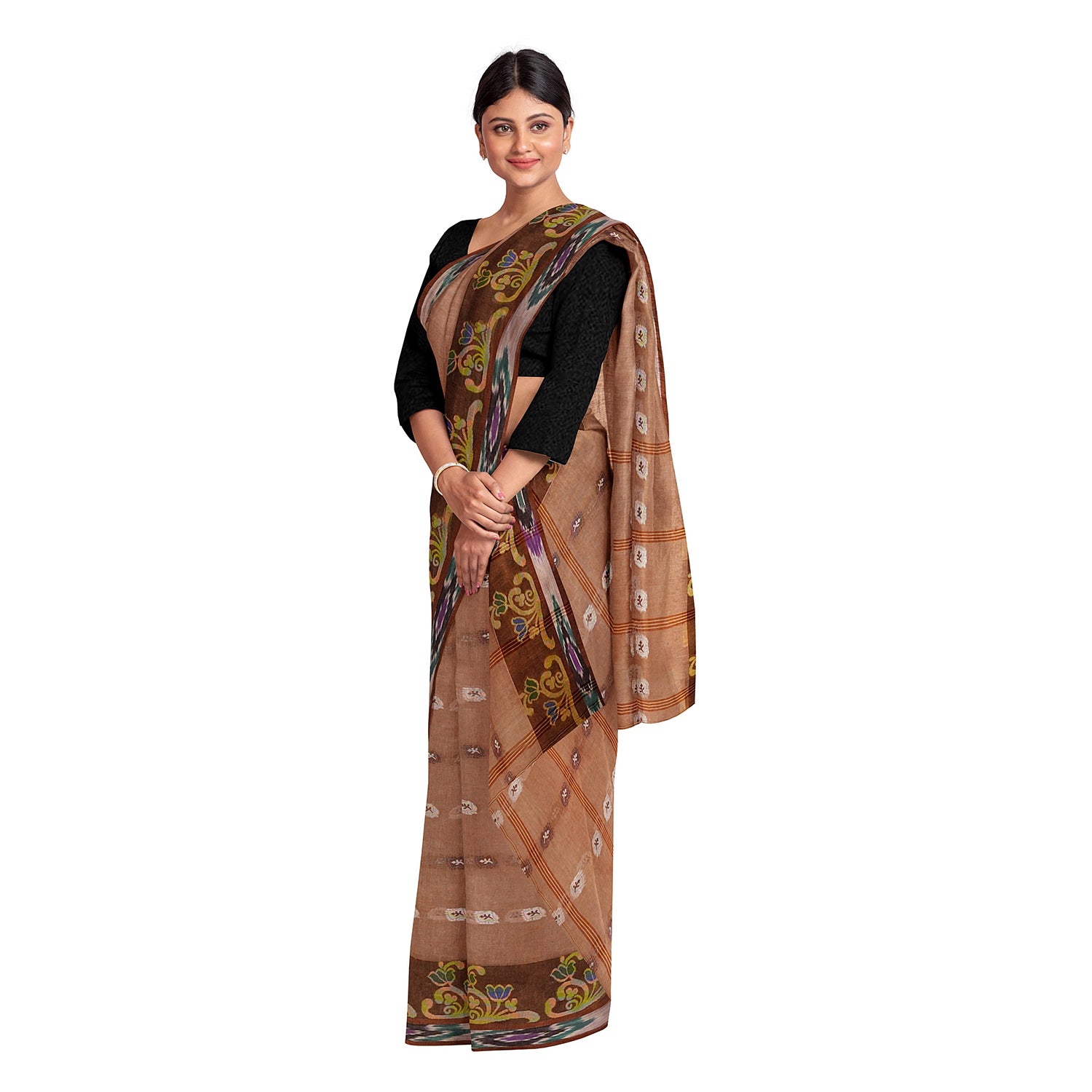 Exclusive Collection 100% Pure Cotton Brown Tant Saree With Hand Weaving Work - Distacart