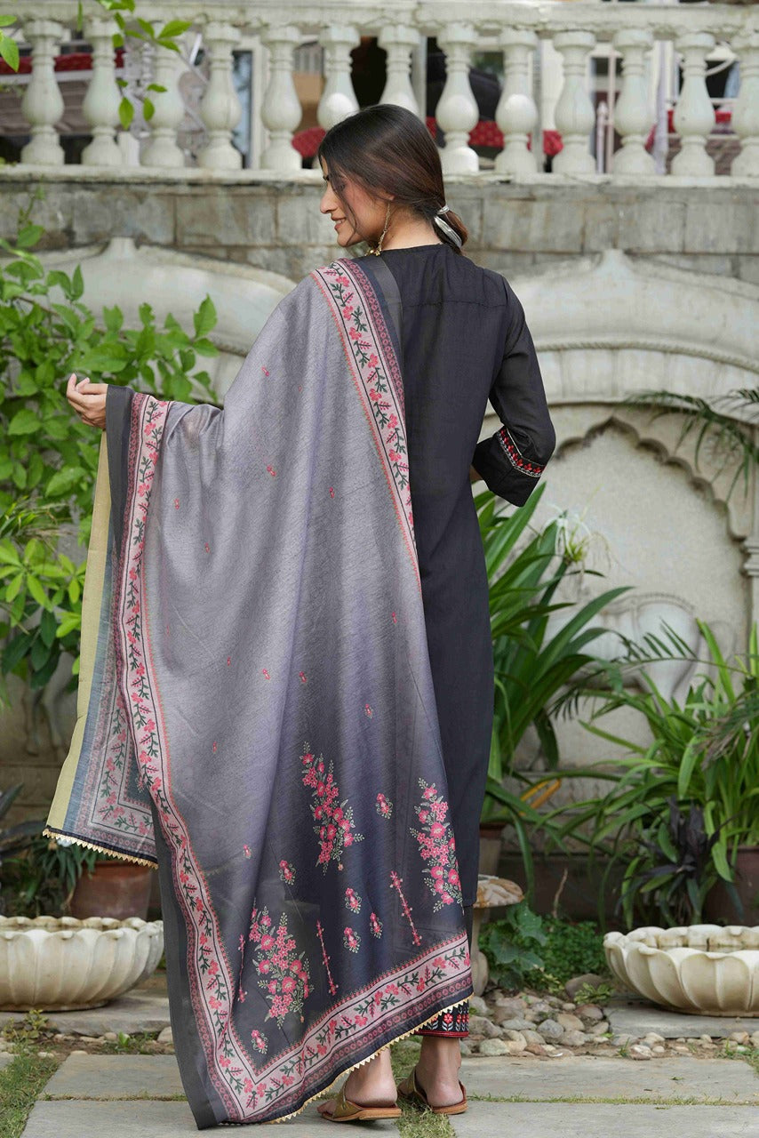 Juniper Black Mono Viscose Festive Wear Embroidered Straight Kurta Pant Dupatta Set - Distacart