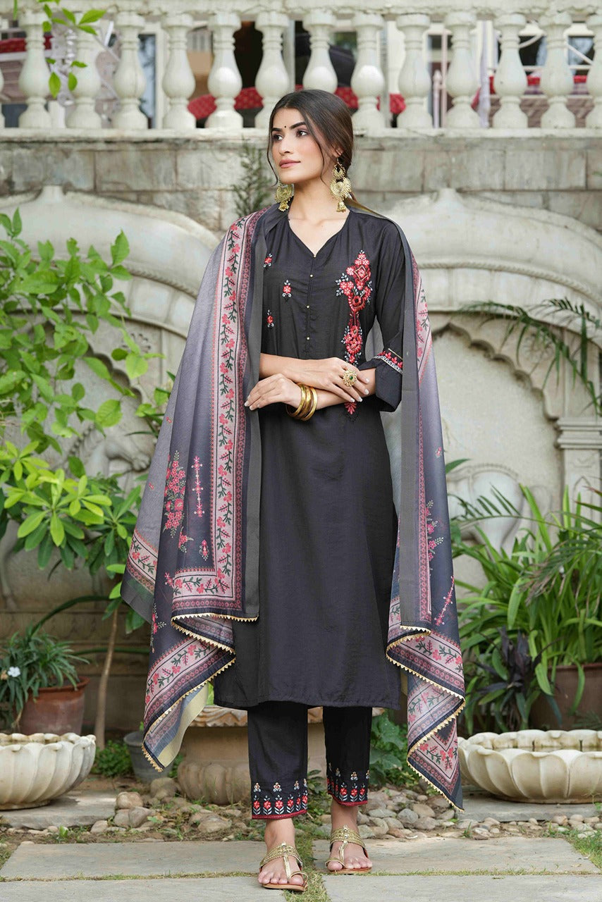 Juniper Black Mono Viscose Festive Wear Embroidered Straight Kurta Pant Dupatta Set - Distacart
