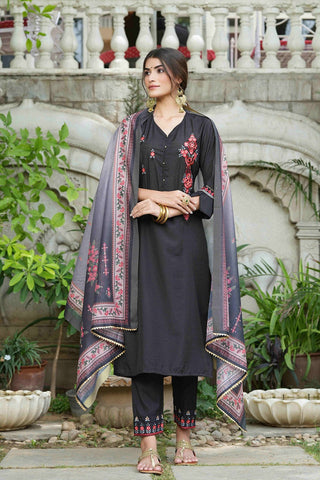Juniper Black Mono Viscose Festive Wear Embroidered Straight Kurta Pant Dupatta Set - Distacart