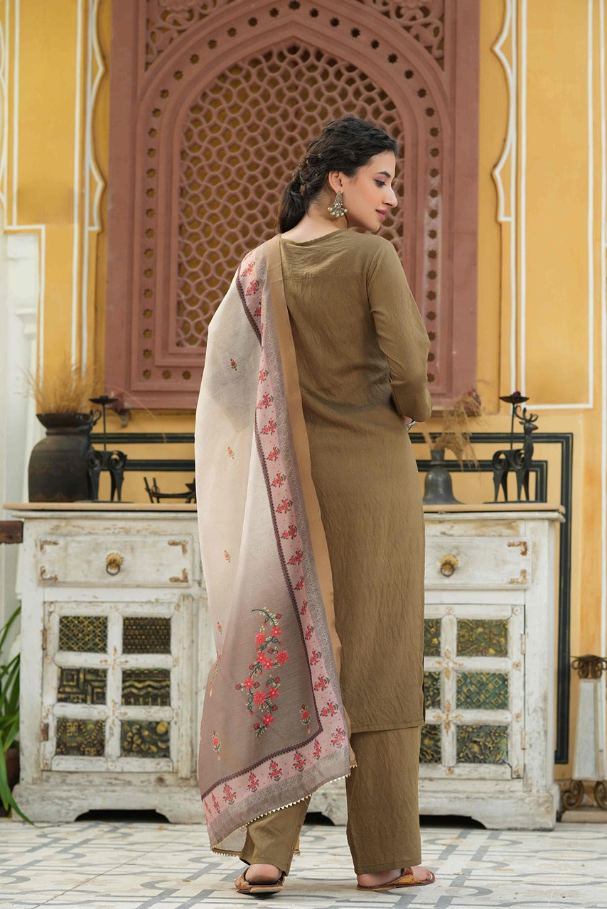 Juniper Women's Olive Mono Viscose Straight Embroidered Kurta Pant Dupatta Set - Distacart