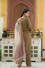 Thumbnail for Juniper Women's Olive Mono Viscose Straight Embroidered Kurta Pant Dupatta Set - Distacart