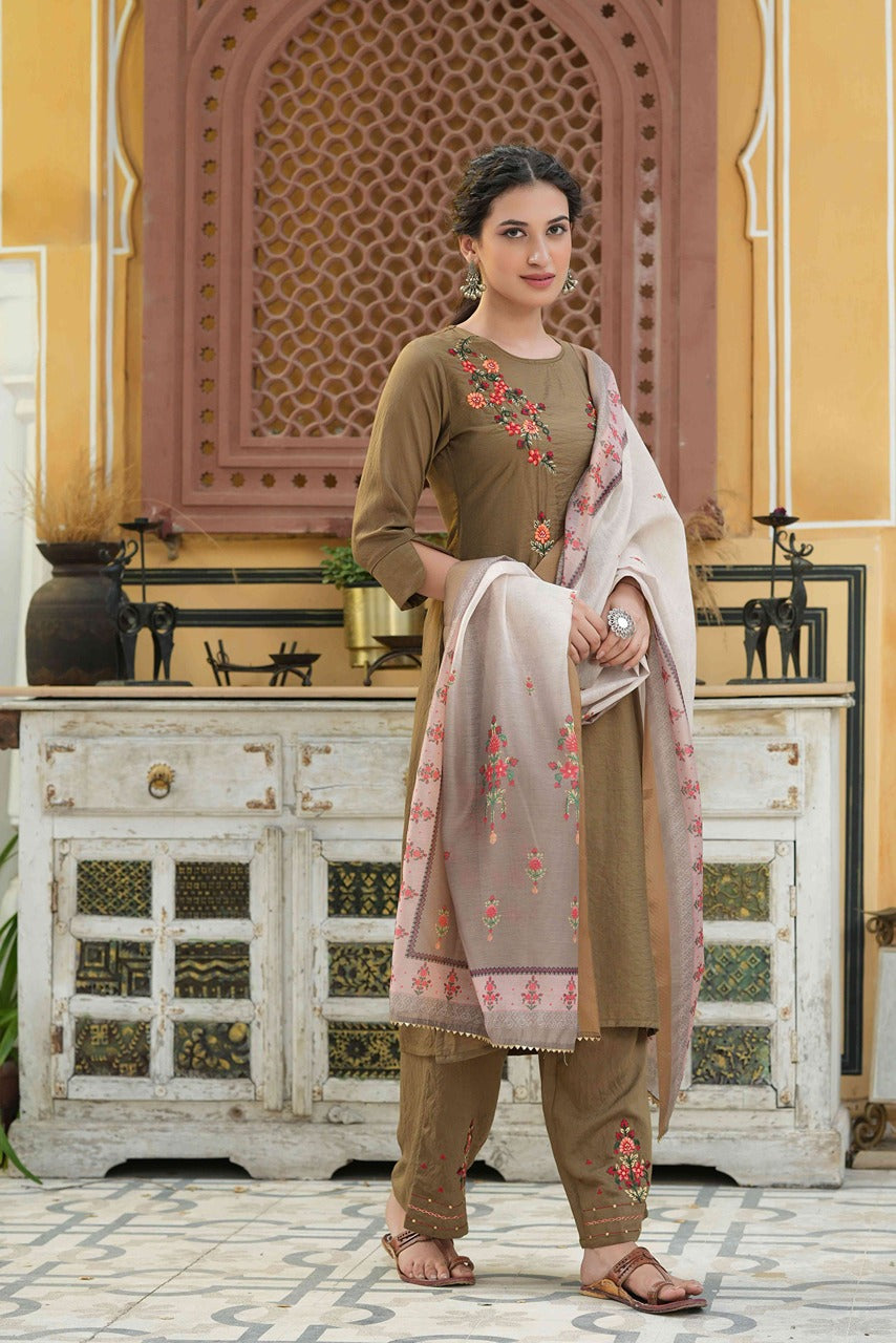 Juniper Women's Olive Mono Viscose Straight Embroidered Kurta Pant Dupatta Set - Distacart