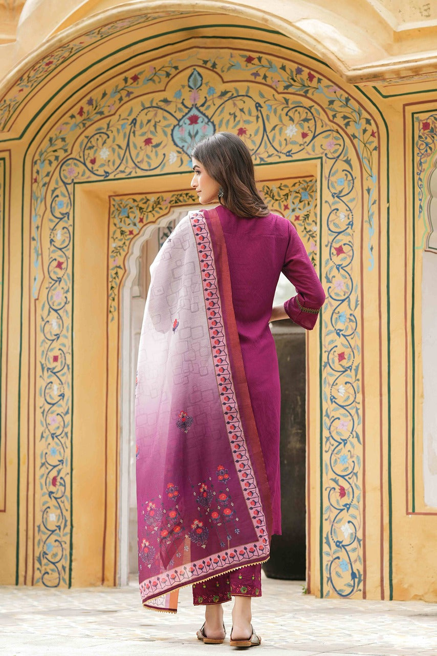 Juniper Maroon Mono Viscose Festive Wear Embroidered Straight Kurta Pant Dupatta Set - Distacart