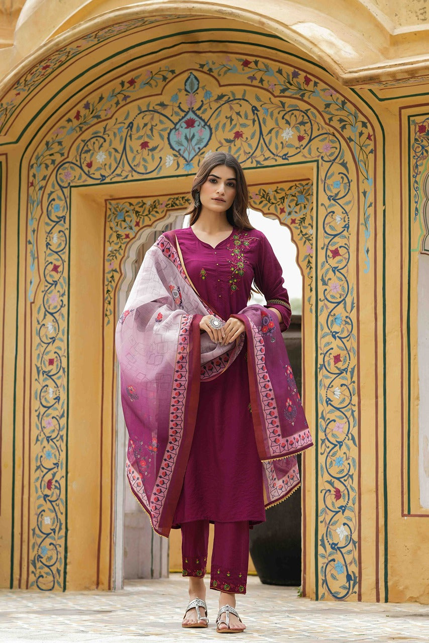 Juniper Maroon Mono Viscose Festive Wear Embroidered Straight Kurta Pant Dupatta Set - Distacart
