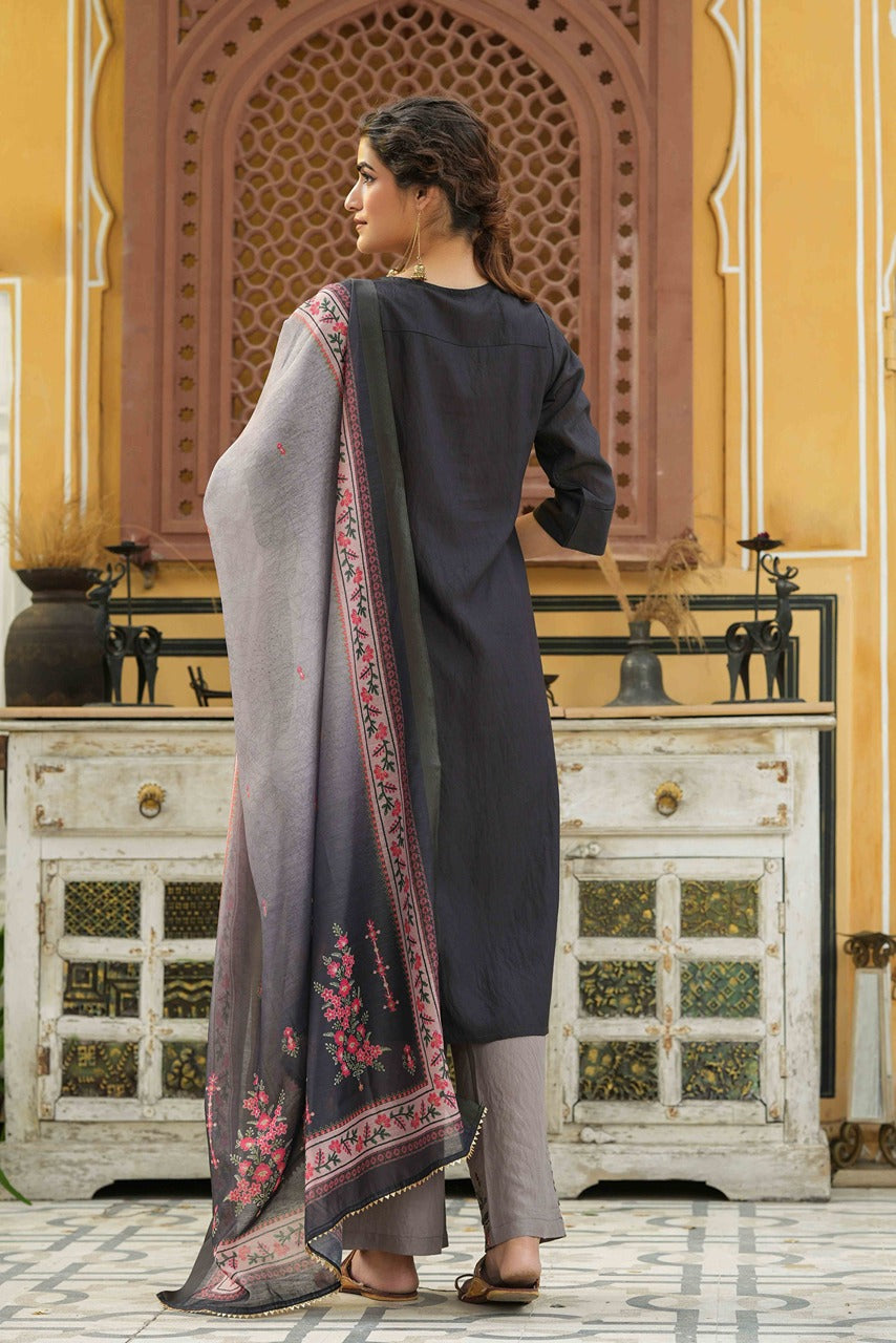 Juniper Dark Grey Mono Viscose Festive Wear Embroidered Straight Kurta Palazzo Dupatta Set - Distacart