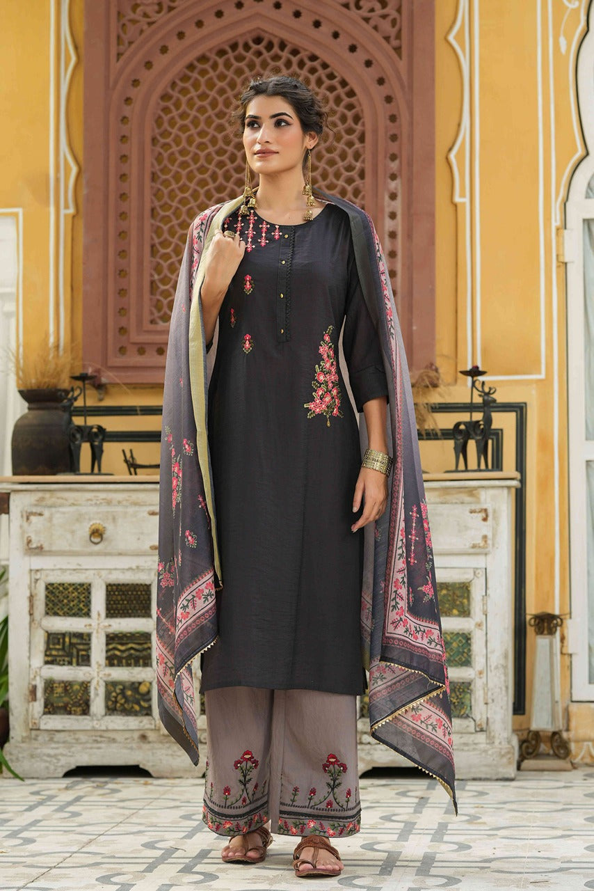Juniper Dark Grey Mono Viscose Festive Wear Embroidered Straight Kurta Palazzo Dupatta Set - Distacart