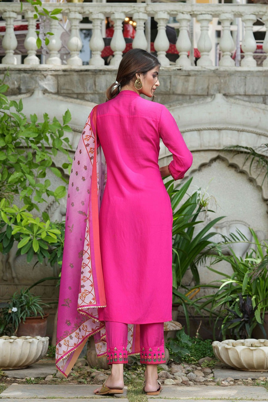 Juniper Fuchsia Mono Viscose Festive Wear Embroidered Straight Kurta Pant Dupatta Set - Distacart